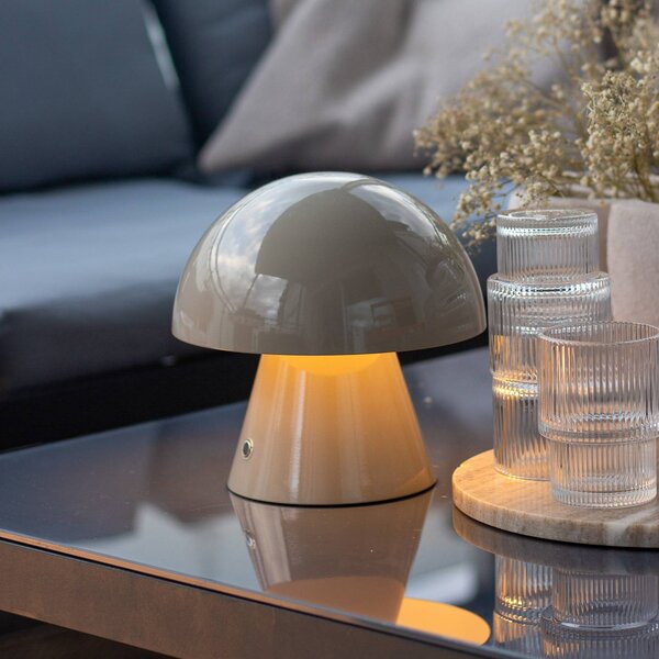 Lindby LED dobíjacia stolová lampa Nevijo, sivá, Ø18cm, USB, stmievač, Hliník / sivá / zinok, Obývacia izba / jedáleň, kov, Štýl mladých, Stojacie svietidlo