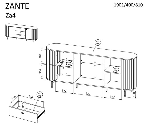 Komoda Zante 2D3S - kašmír