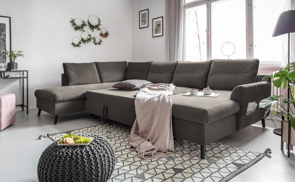 Tmavosivá zamatová rozkladacia pohovka do "U" Miuform Stylish Stan, ľavý roh