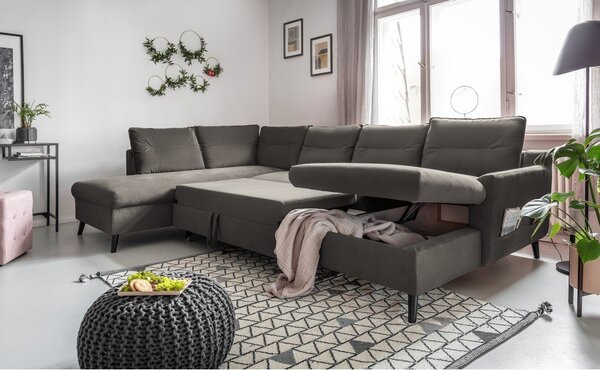 Tmavosivá zamatová rozkladacia pohovka do "U" Miuform Stylish Stan, ľavý roh