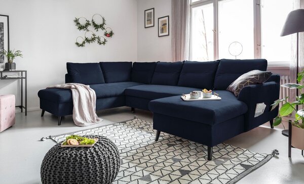 Tmavomodrá zamatová rozkladacia pohovka do "U" Miuform Stylish Stan, ľavý roh
