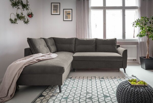 Tmavosivá zamatová rozkladacia rohová pohovka Miuform Stylish Stan L, ľavý roh