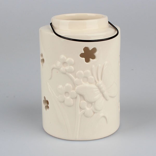 Závesný keramický svietnik s motýlikom krémový 10,5×15×10,5cm