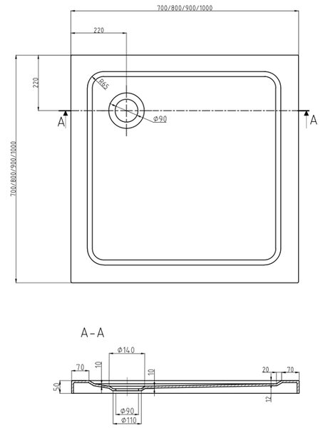 Mexen Flat štvorcový sprchový kút slim 80 x 80 cm, čierny, sifón čierny - 40708080B
