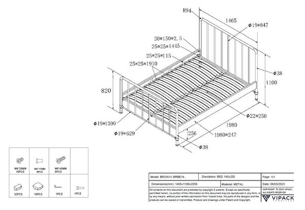 Čierna kovová jednolôžková posteľ s roštom 140x200 cm BRONXX – Vipack