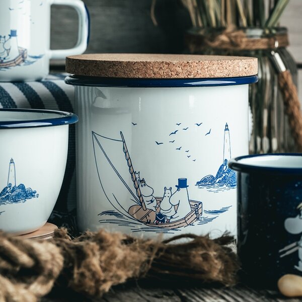 Dóza s vrchnákom Moomins Sailors 1,3l, smalt-korok / modro-biela