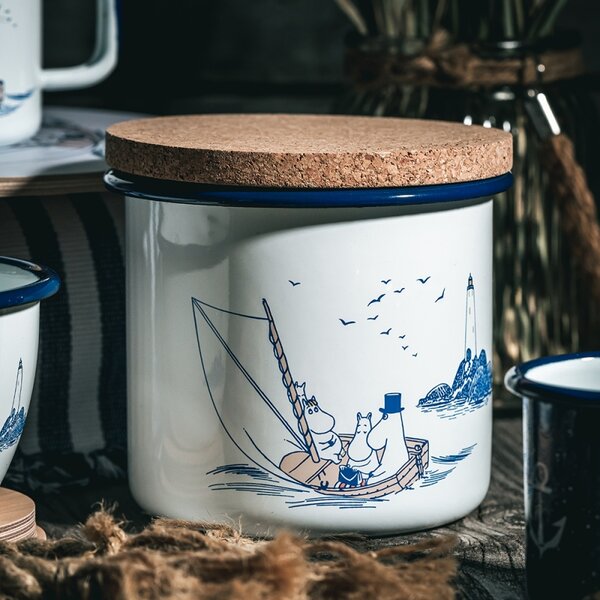 Dóza s vrchnákom Moomins Sailors 1,3l, smalt-korok / modro-biela