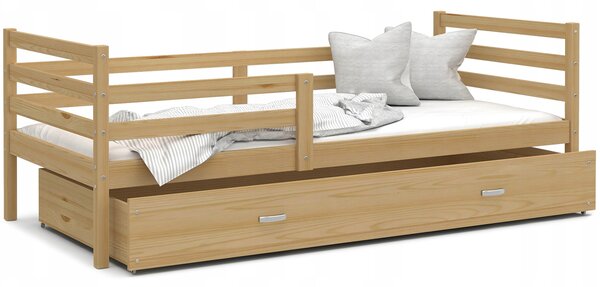 Vulpi Detská posteľ Jung 160x80 s bariérkou, roštom, matracom a úložným boxom - prírodná