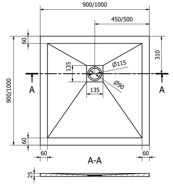 Mexen Stone+, štvorcová vanička z minerálneho kompozitu 90 x 90 cm, antracitová, 44719090