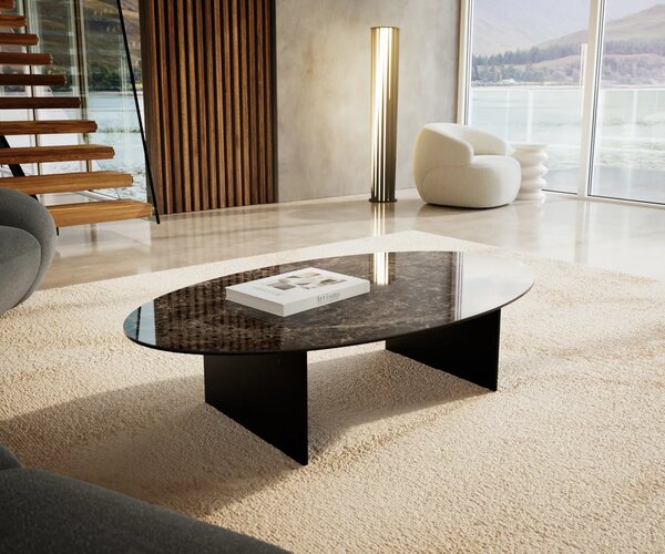 DELIFE Konferenčný stolík Edge oválny 140×80 cm keramika Emperador Extra Lucidato tmavohnedá Salto kov čierna