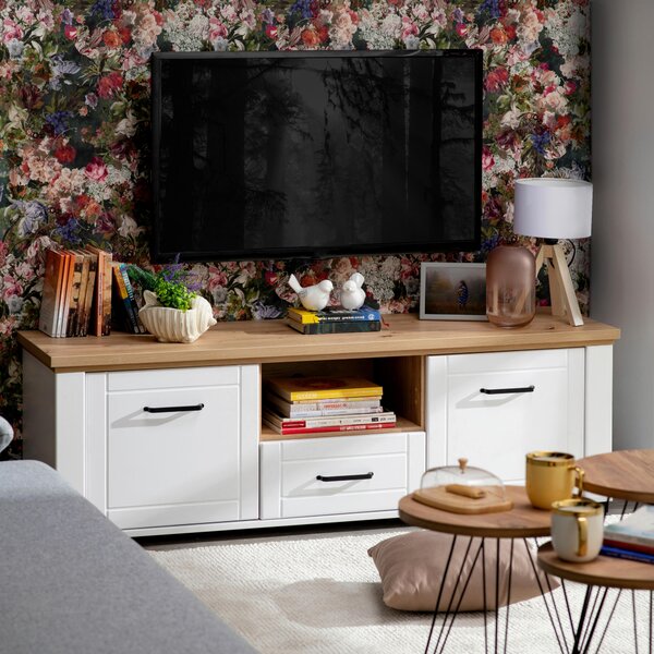 SKRINKA POD TV, biela, dub artisan, 161/67/41 cm Landscape - TV nábytok