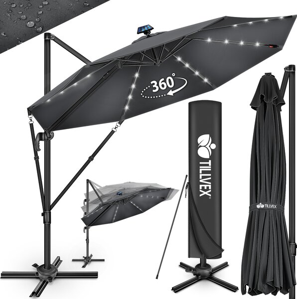 Tillvex® Premium hliníkový slnečník 330 cm antracit + poťah a ochrana proti vetru | konzolový slnečník 6-násobne nastaviteľný s kľukou | záhradný slnečník otočný o 360° naklápací | slnečník s kľukou UV50+ veľký vodotesný