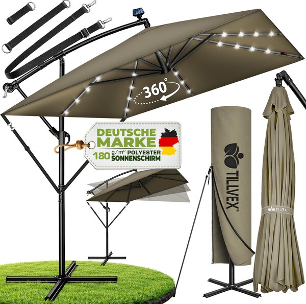 Tillvex® Hliníkový slnečník obdĺžnikový Ø 330 cm s LED solárnou hnedou + kryt s kľukou | konzolový slnečník so stojanom a vetrovkou | záhradný slnečník s UV ochranou, vodotesný, otočný o 360° | slnečník s kľukou na trhu