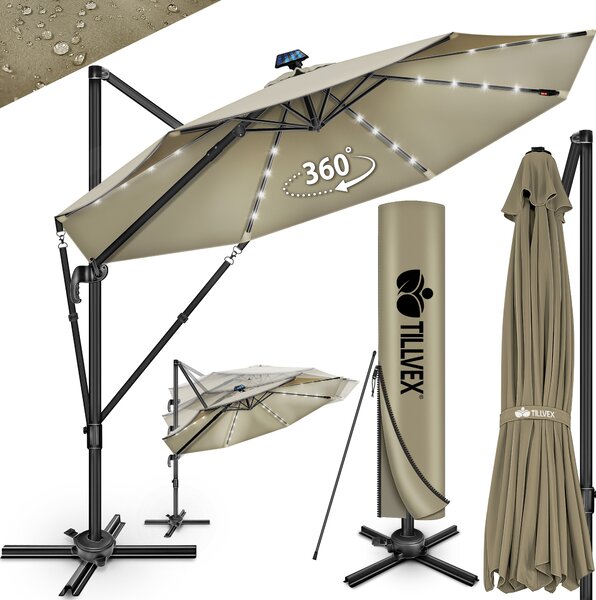 Tillvex® Premium hliníkový slnečník 330 cm hnedý + kryt a ochrana proti vetru | konzolový slnečník 6-násobne nastaviteľný s kľukou | záhradný slnečník otočný o 360° naklápací | slnečník s kľukou UV50+ veľký vodotesný