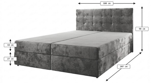 Čalúnená posteľ boxspring GLORIEN VELVET 180x200 cm sivá Matrac: Matrac Bonell pružinový