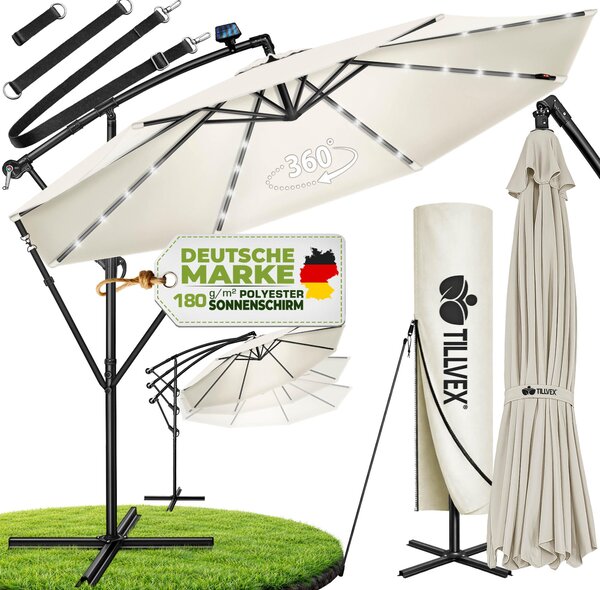 Tillvex Alu Ampelschirm Beige LED Solar Ø 300 cm mit Kurbel | Slnečník s vypínačom | Záhradný slnečník hliníkový s UV ochranou | Korbový slnečník so stojanom Trhový slnečník vodotesný