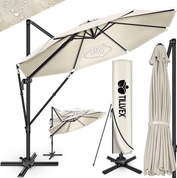 Tillvex® Premium hliníkový slnečník 330 cm béžový + poťah a ochrana proti vetru | Ampelschirm 6-Fach verstellbar mit Kurbel | Gartenschirm 360° Drehbar Neigbar Kippbar | Kurbelschirm UV50+ Groß wasserdicht