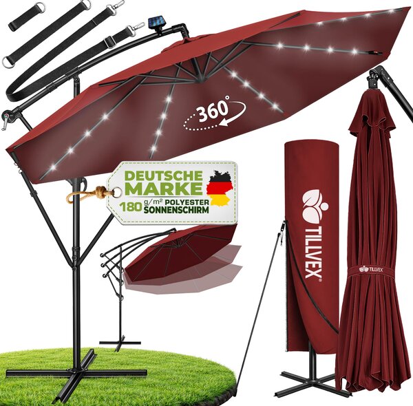 Tillvex Alu Ampelschirm Rot LED Solar Ø 300 cm mit Kurbel | Slnečník s vypínačom | Záhradný slnečník hliníkový s UV ochranou | Korbový slnečník so stojanom Trhový slnečník vodotesný