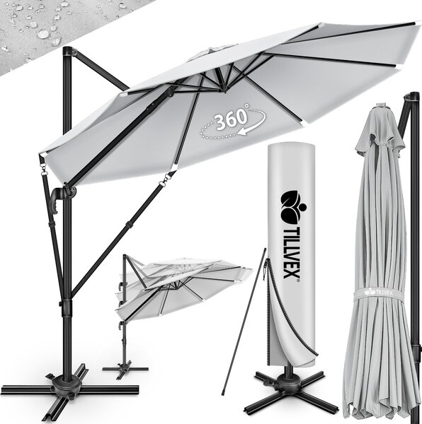 Tillvex® Premium hliníkový slnečník 330 cm sivý + kryt a ochrana proti vetru | konzolový slnečník 6-násobne nastaviteľný s kľukou | záhradný slnečník otočný o 360° naklápací | slnečník s kľukou UV50+ veľký vodotesný