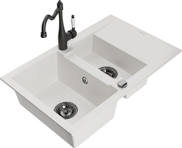 Mexen Gaspar, granitový drez 752x436x161 mm, 1,5-komorový a drezová batéria Carla, biela, 6507-20-670700-70