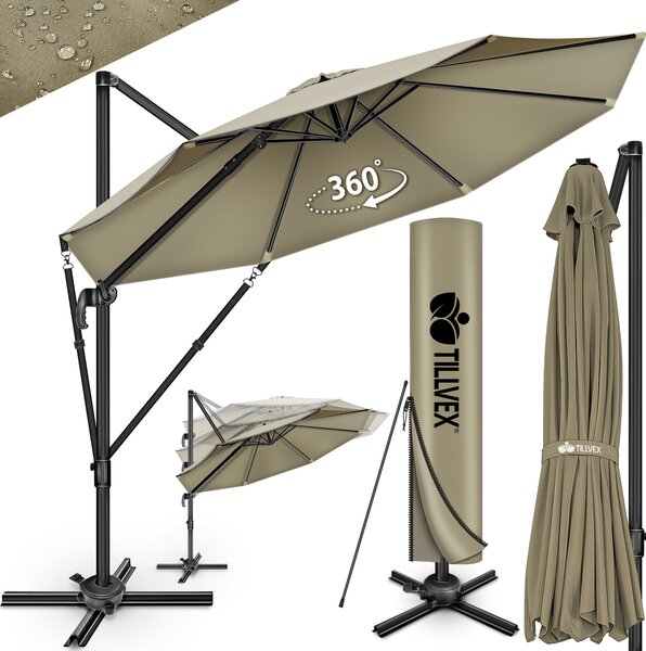 Tillvex® Premium hliníkový slnečník 330 cm hnedý + kryt a ochrana proti vetru | konzolový slnečník 6-násobne nastaviteľný s kľukou | záhradný slnečník otočný o 360° naklápací | slnečník s kľukou UV50+ veľký vodotesný