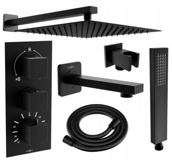 Mexen Cube DR02 podomietkový vaňový a sprchový set s hlavovou sprchou 25x25 cm (7v1), čierna, 77503DR0225-70