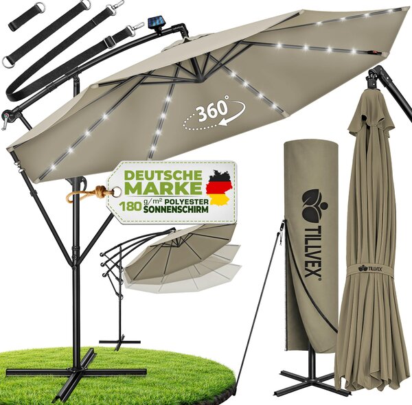 Tillvex hliníkový konzolový slnečník hnedý LED solárny Ø 350 cm s kľukou | slnečník s vypínačom | záhradný slnečník UV ochrana hliník | slnečník na kľuku so stojanom trhový slnečník vodotesný