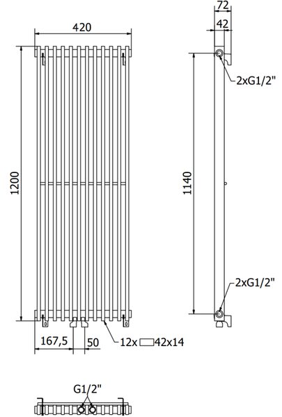 Mexen Kansas dekoratívny radiátor 1200 x 420 mm, 842 W, čierny - W204-1200-420-00-70