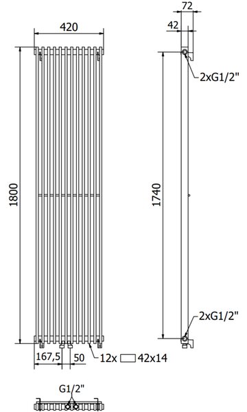 Mexen Kansas, vykurovacie teleso 1800 x 420 mm, 975 W, čierna, W204-1800-420-00-70