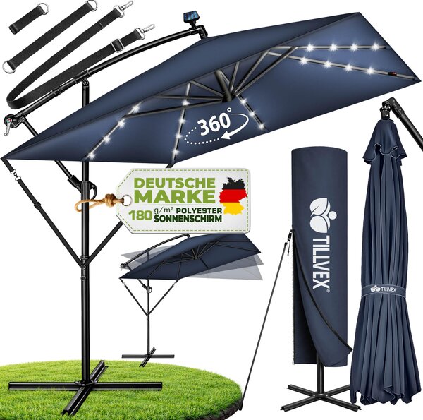 Tillvex® Hliníkový slnečník obdĺžnikový Ø 330 cm s LED solárnym osvetlením námornícka modrá + kryt s kľukou | konzolový slnečník so stojanom a vetrovkou | záhradný slnečník s UV ochranou, vodotesný, otočný o 360° | slnečník na kľuku na trhu