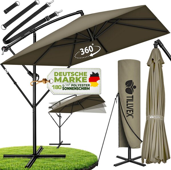 Tillvex® Hliníkový slnečník Obdĺžnikový Ø 330 cm Hnedý + kryt s kľukou | Štvorcový slnečník so stojanom a vetracím sklom | Záhradný slnečník Hliník s UV ochranou | Vodotesný slnečník s kľukou Otočný o 360°