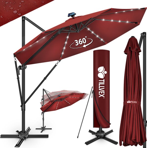 Tillvex® Premium hliníkový slnečník 330 cm červený + kryt a ochrana proti vetru | konzolový slnečník 6-násobne nastaviteľný s kľukou | záhradný slnečník otočný o 360° naklápací | slnečník s kľukou UV50+ veľký vodotesný