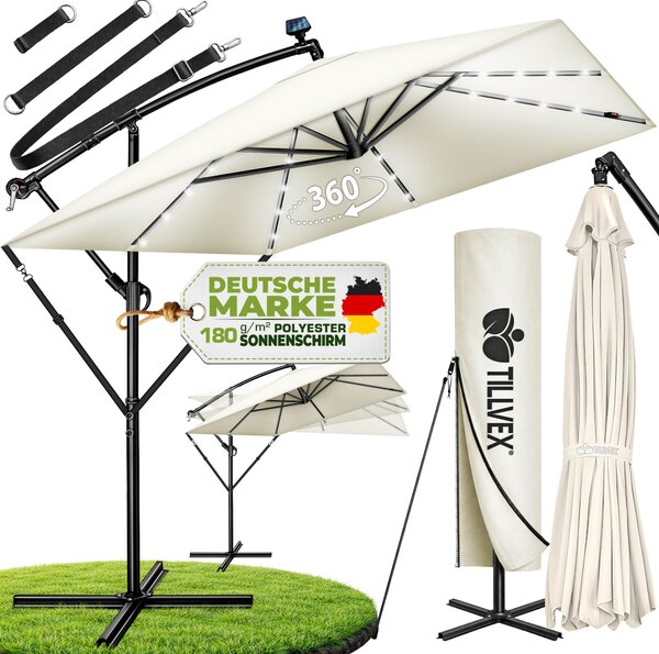 Tillvex® Hliníkový slnečník obdĺžnikový Ø 330 cm s LED Solar Beige + kryt s kľukou | konzolový slnečník so stojanom a vetrovkou | záhradný slnečník s UV ochranou, vodotesný, otočný o 360° | slnečník s kľukou na trhu