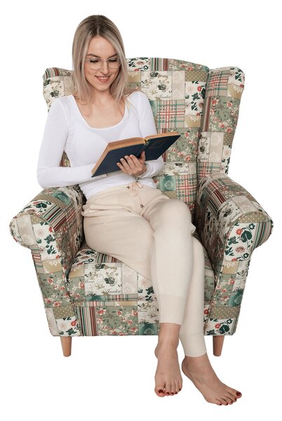 KONDELA Kreslo ušiak, látka patchwork viorica 1, CHARLOT