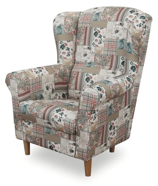 KONDELA Kreslo ušiak s taburetom, látka patchwork Viorica 1, ASTRID