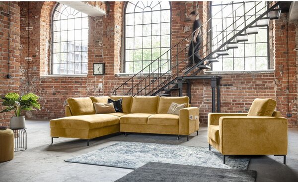 Žltá zamatová rozkladacia rohová pohovka (ľavý roh) Lofty Lilly – Miuform