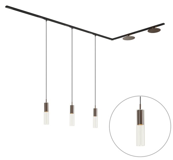 Moderný koľajnicový systém čierny s 3 závesnými svietidlami a 2 stropnými svietidlami bronzový 1-fázový - Iconic Lloyd Pulley