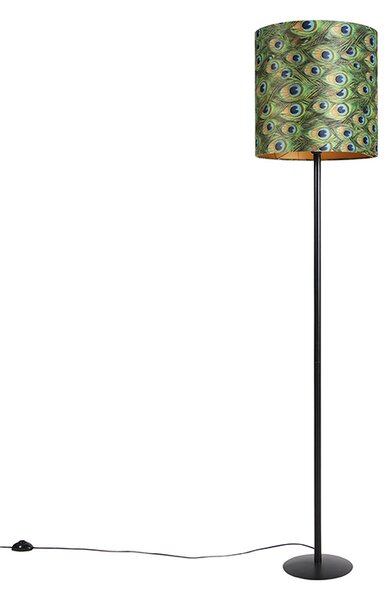 Stojaca lampa čierna s plyšovým tienidlom Peacock Gold 40 cm - Simplo