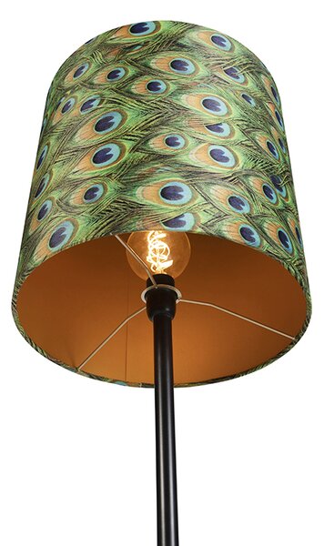 Stojaca lampa čierna s plyšovým tienidlom Peacock Gold 40 cm - Simplo