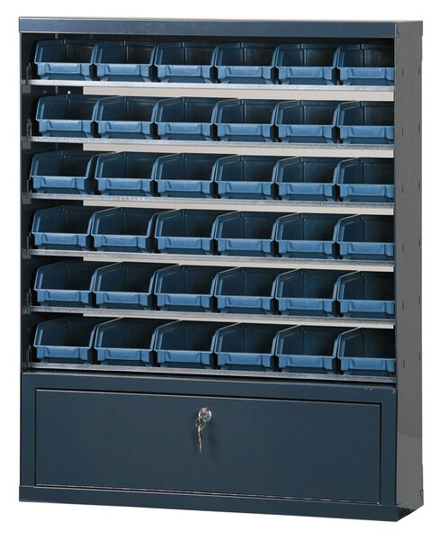Závesný regál s plastovými boxmi BASIC a priehradkou, 36 boxov