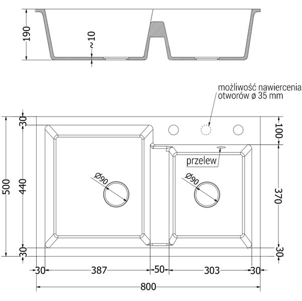 Mexen Tomas, granitový drez 800x500x190 mm, 2-komorový, béžová so zlatým sifónom, 6516802000-69-G