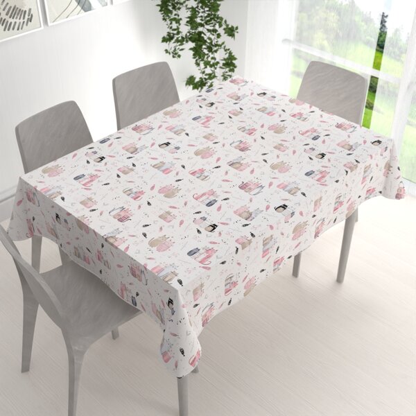 Biante Detský bavlnený obdĺžnikový obrus Sandra SA-654 Mačací svet ružovo-hnedý na bielom 50x100 cm