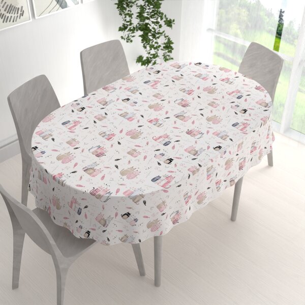 Biante Detský bavlnený oválny obrus Sandra SA-654 Mačací svet ružovo-hnedý na bielom 50x100 cm