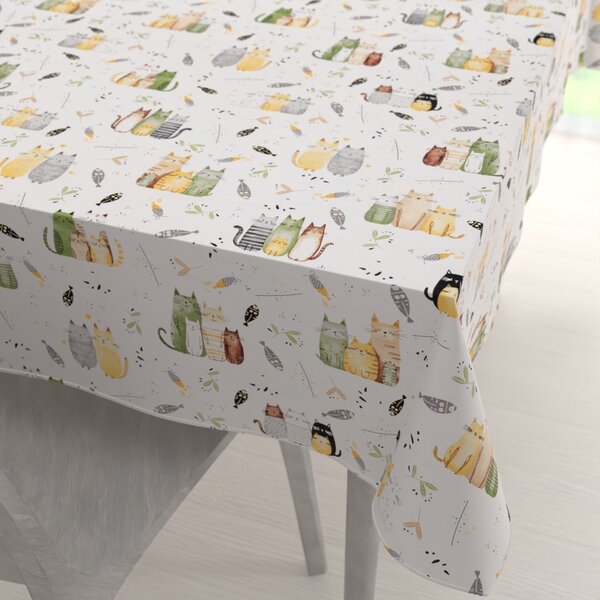 Biante Detský bavlnený obdĺžnikový obrus Sandra SA-652 Mačací svet zeleno-žltý na bielom 50x100 cm