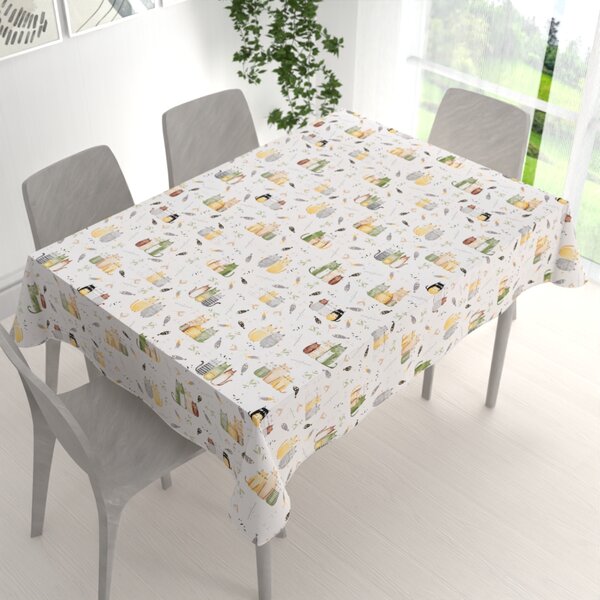 Biante Detský bavlnený obdĺžnikový obrus Sandra SA-652 Mačací svet zeleno-žltý na bielom 50x100 cm