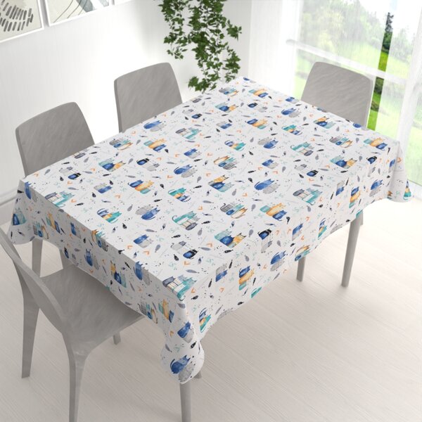 Biante Detský bavlnený obdĺžnikový obrus Sandra SA-653 Mačací svet modrý na bielom 50x100 cm