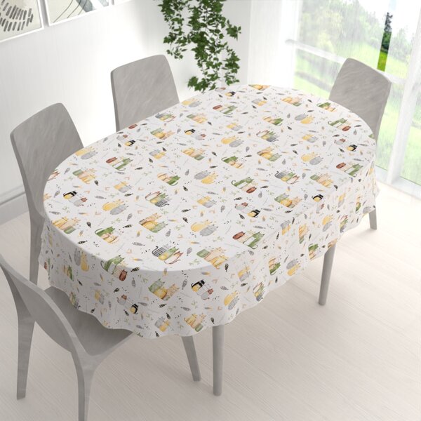 Biante Detský bavlnený oválny obrus Sandra SA-652 Mačací svet zeleno-žltý na bielom 50x100 cm