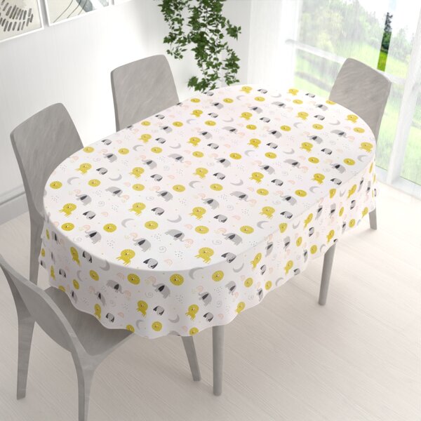 Biante Detský bavlnený oválny obrus Sandra SA-649 Slony a levy na bielom 50x100 cm