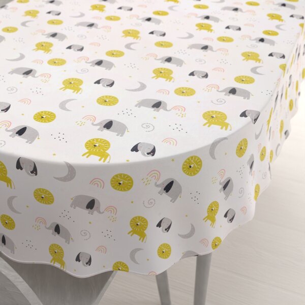 Biante Detský bavlnený oválny obrus Sandra SA-649 Slony a levy na bielom 50x100 cm