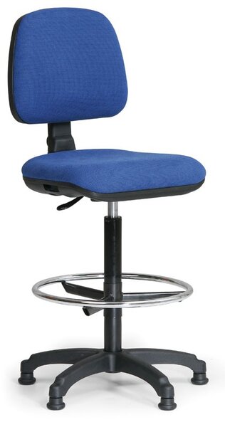 Zvýšená látková pracovná stolička MILANO s opierkou nôh, klzáky, modrá